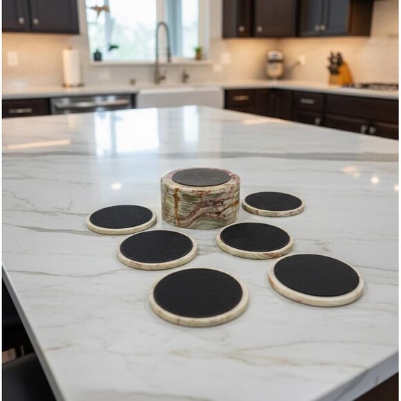 Green Onyx Coaster Set - 6 Natural Stone Coasters + Holder, Handmade Marble set - Picture 5 of 10